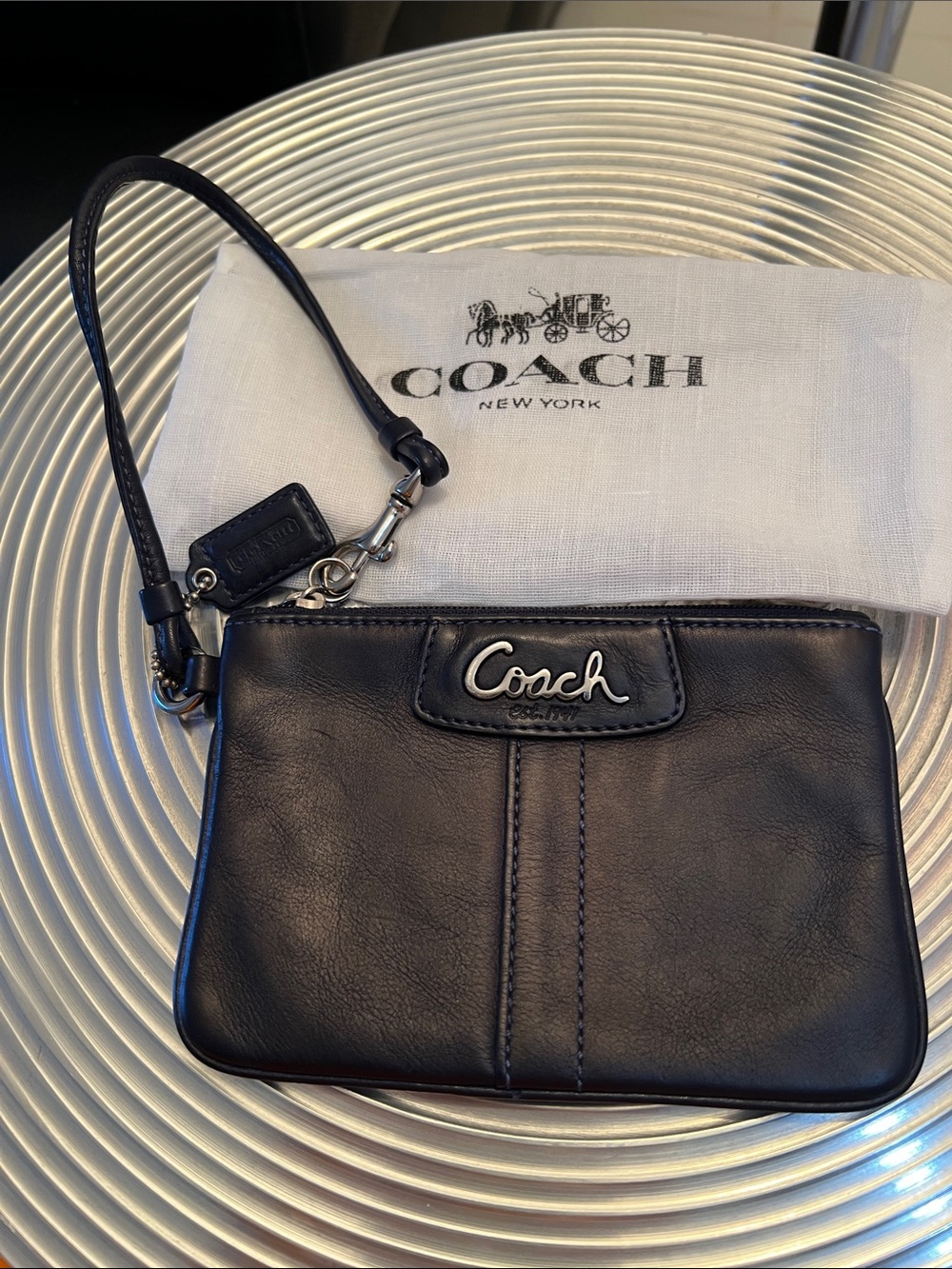 Coach NWOT Black Leather Wristlet with Silver Logo and Black Hangtag